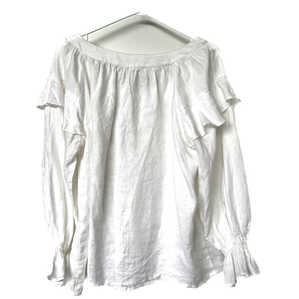 Arlington Milne Blouse L White Neck Ruffle Long Sleeve Australia Linen Blend - Picture 3 of 8